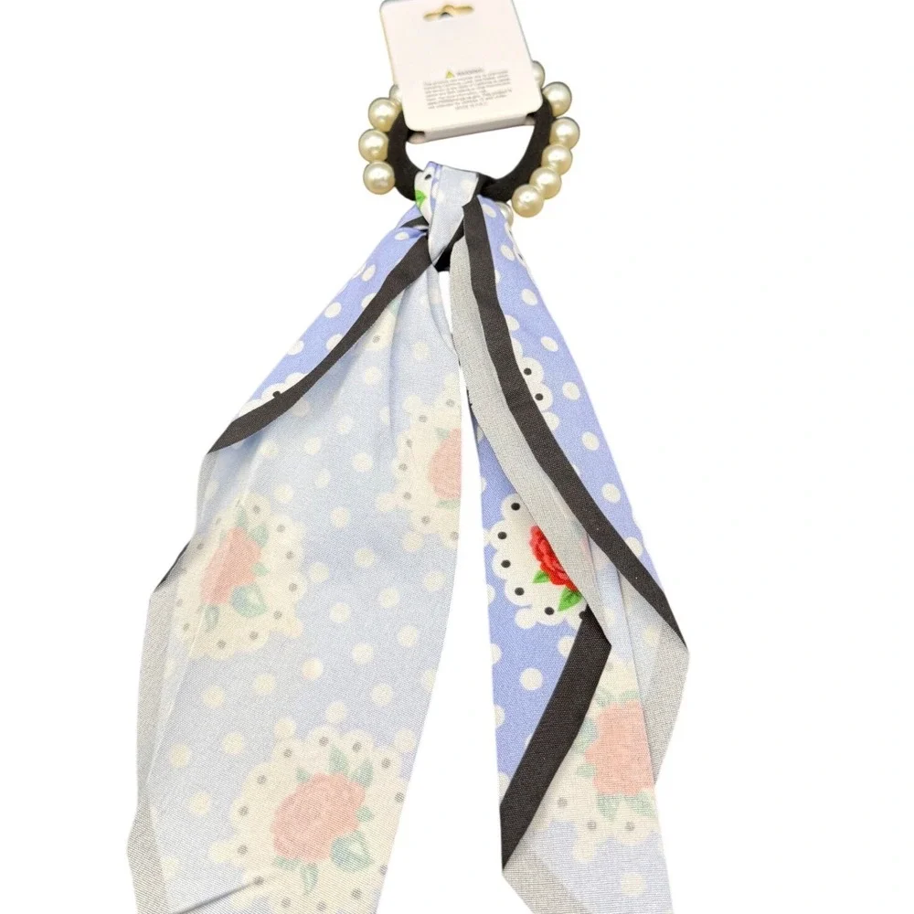 Blue Floral Polka Dot Scarf Hair Tie with Faux Pearl Bead Elastic Band New